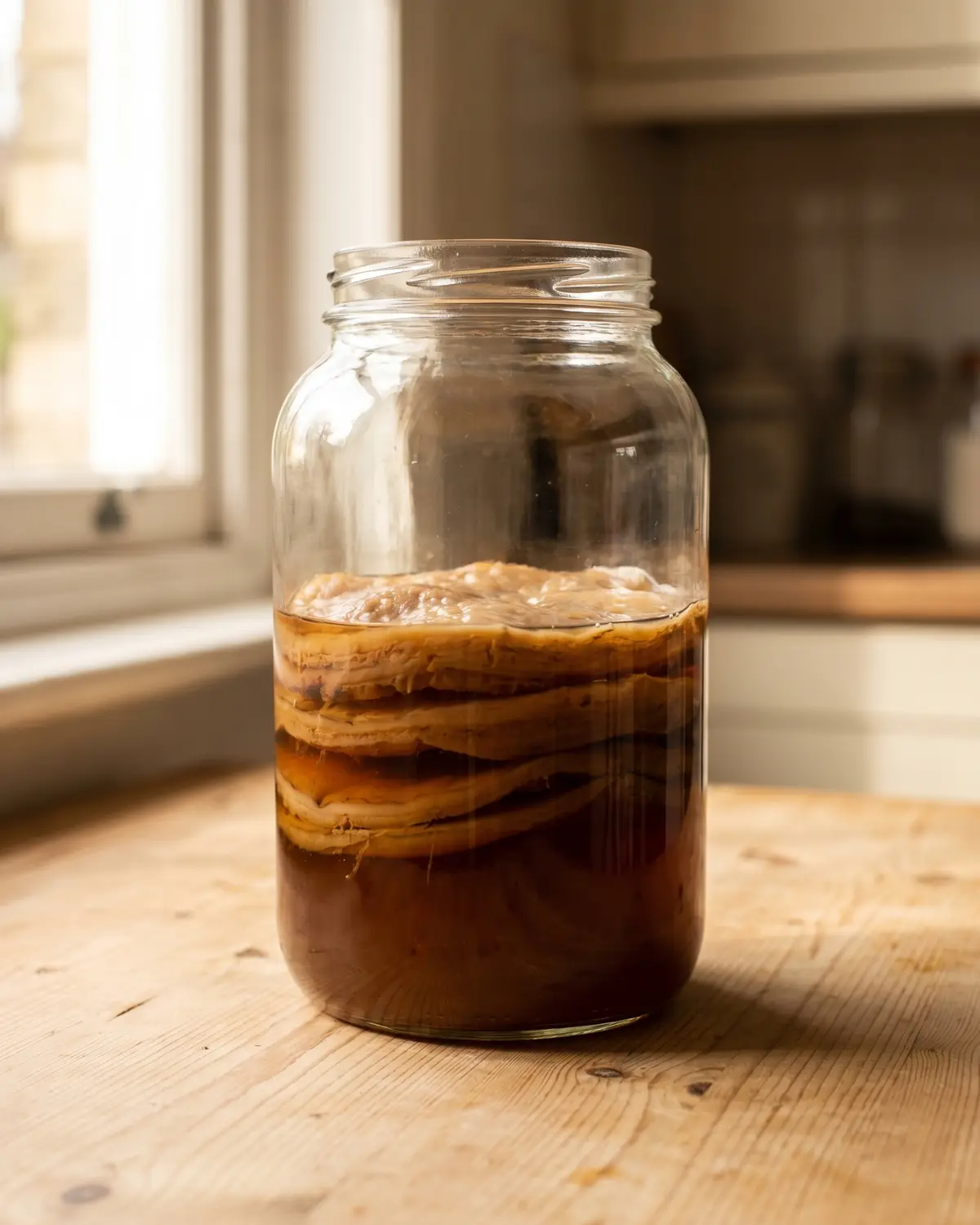 kombucha fungo SCOBY hotel con più dischi di kombucha sovrapposti in un grande barattolo con liquido madre