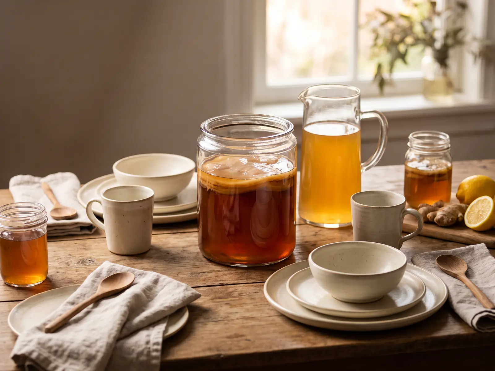 kefir kombucha & co Tavola apparecchiata per due con caraffa di vetro, vaso con SCOBY e ceramica color crema.