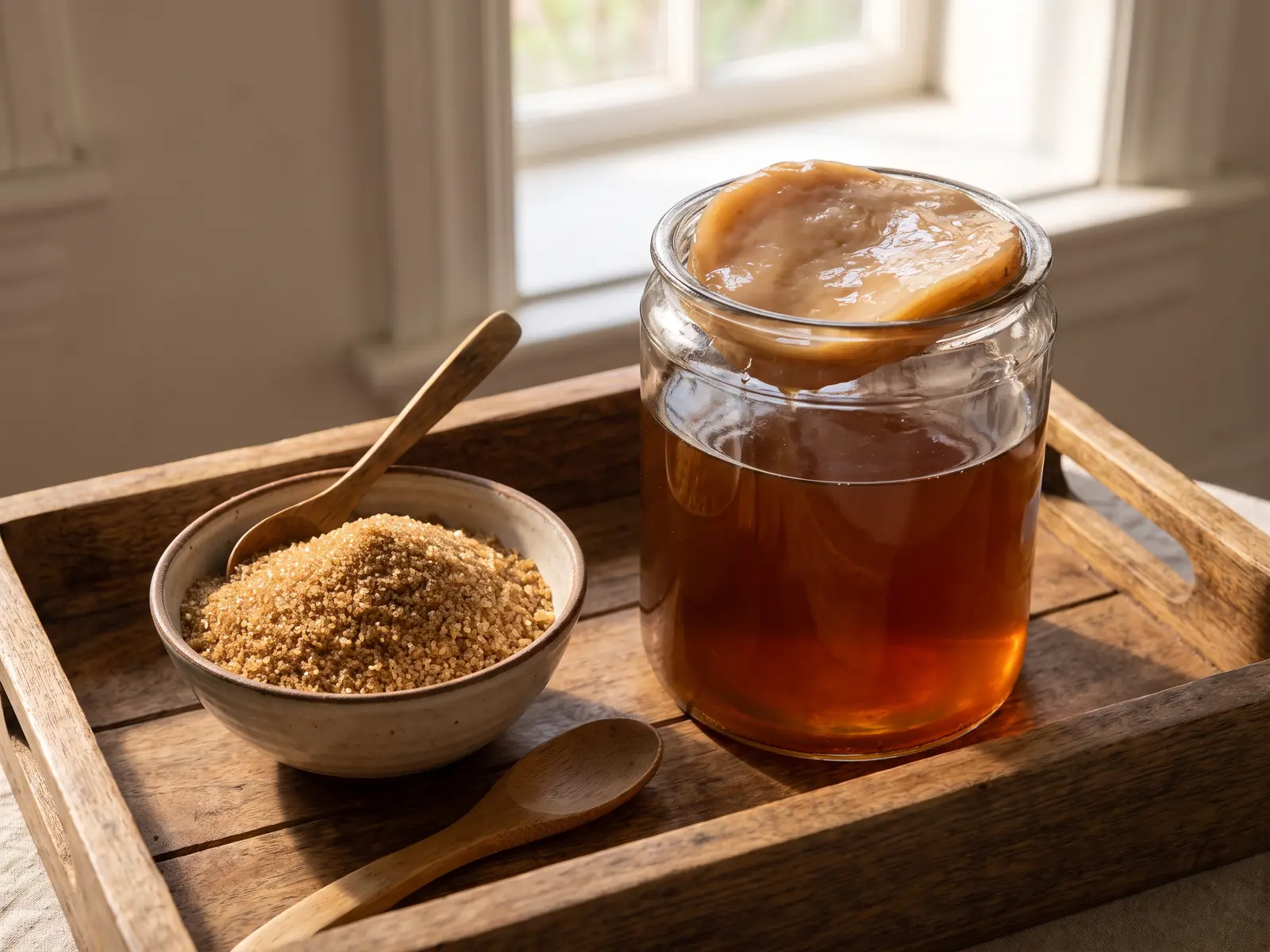 kombucha fegato Vassoio in legno con barattolo di SCOBY, zucchero di canna e cucchiaio per preparare la kombucha.