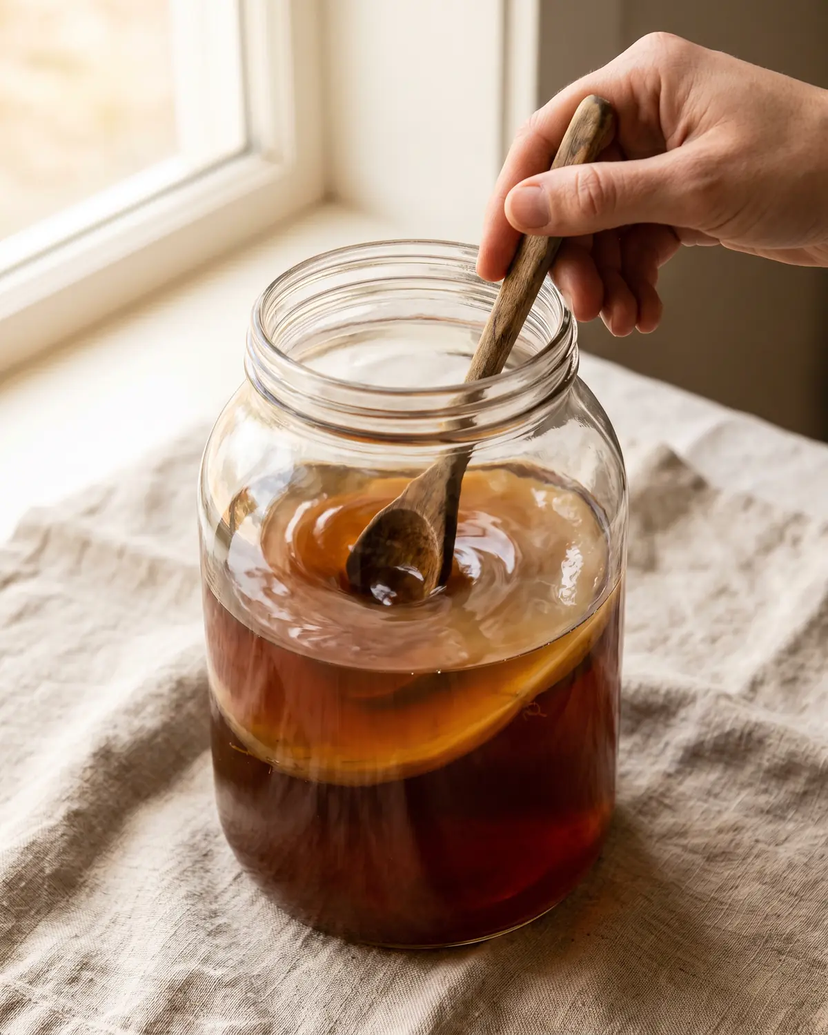 kombucha fegato Una mano ruota delicatamente un barattolo su lino mentre lo SCOBY crea un vortice sotto la superficie.