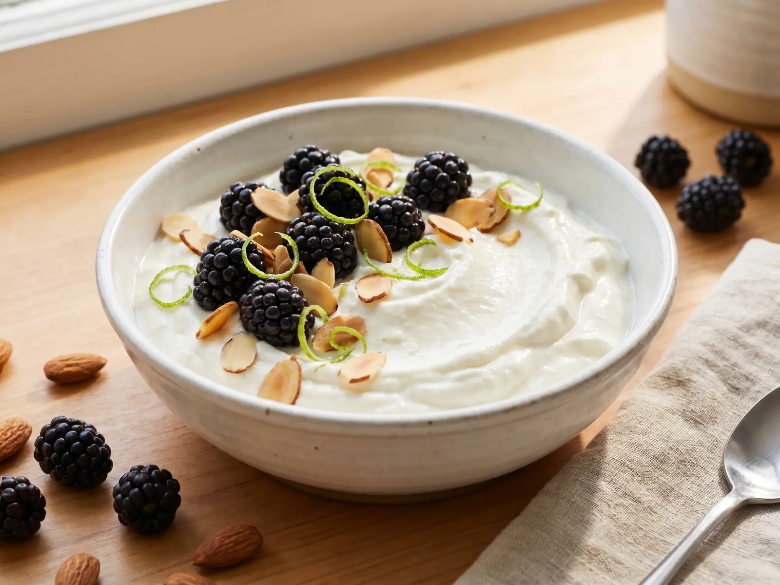 yogurt greco Ciotola di yogurt con more, mandorle a lamelle e scorza di lime illuminata da luce naturale.