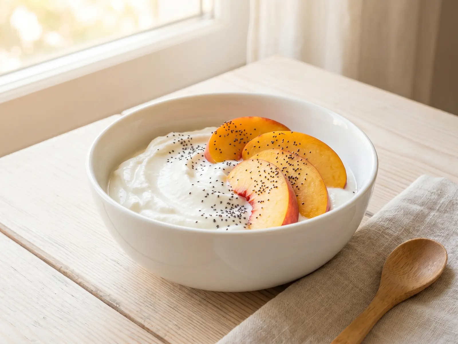 differenza kefir e yogurt Ciotola di yogurt con melocotone e semi di papavero su legno chiaro in una scena estiva