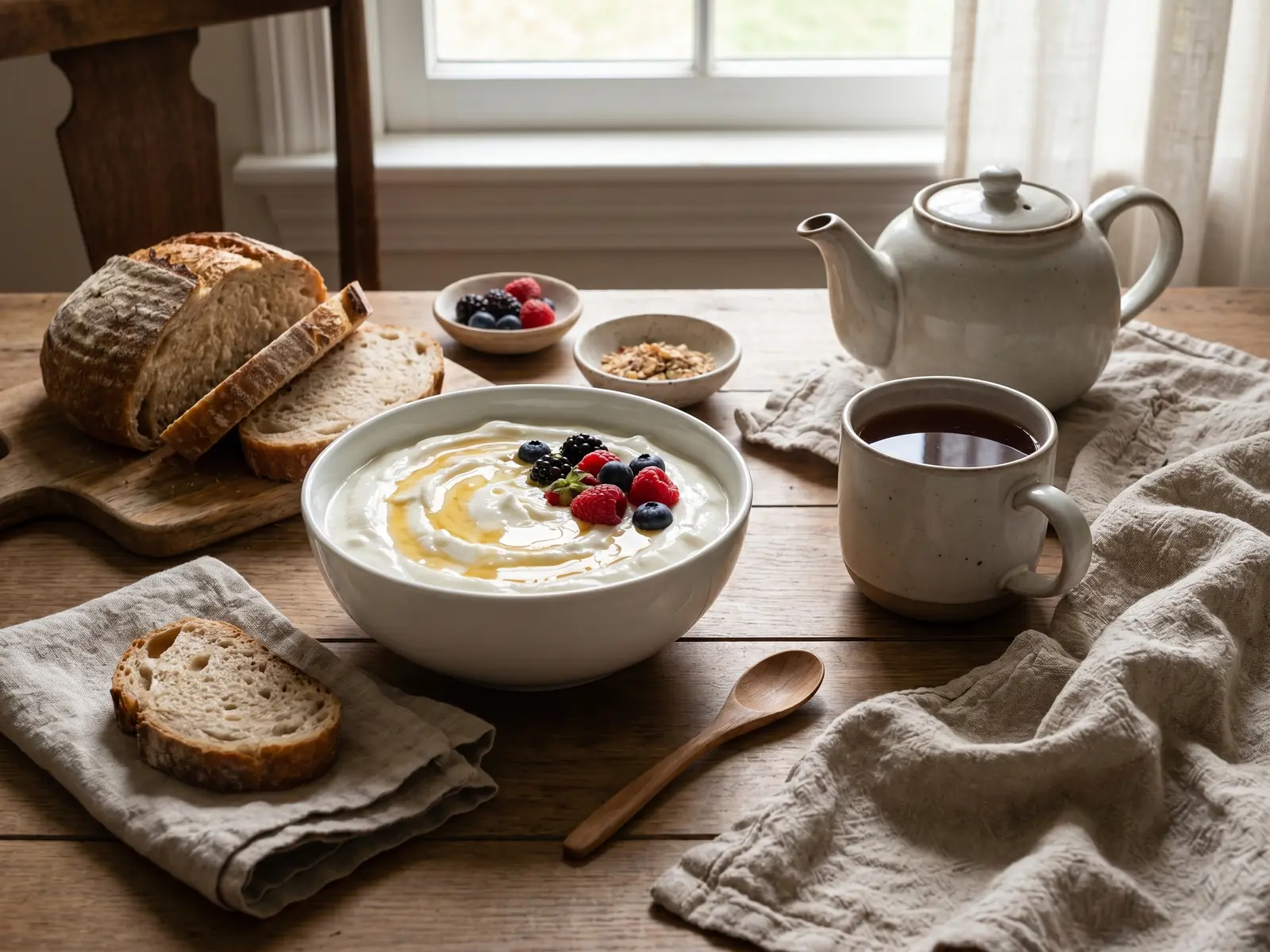 torta con yogurt kefir Colazione con ciotola di yogurt, tè, pane rustico e lino su un tavolo dall’atmosfera naturale.