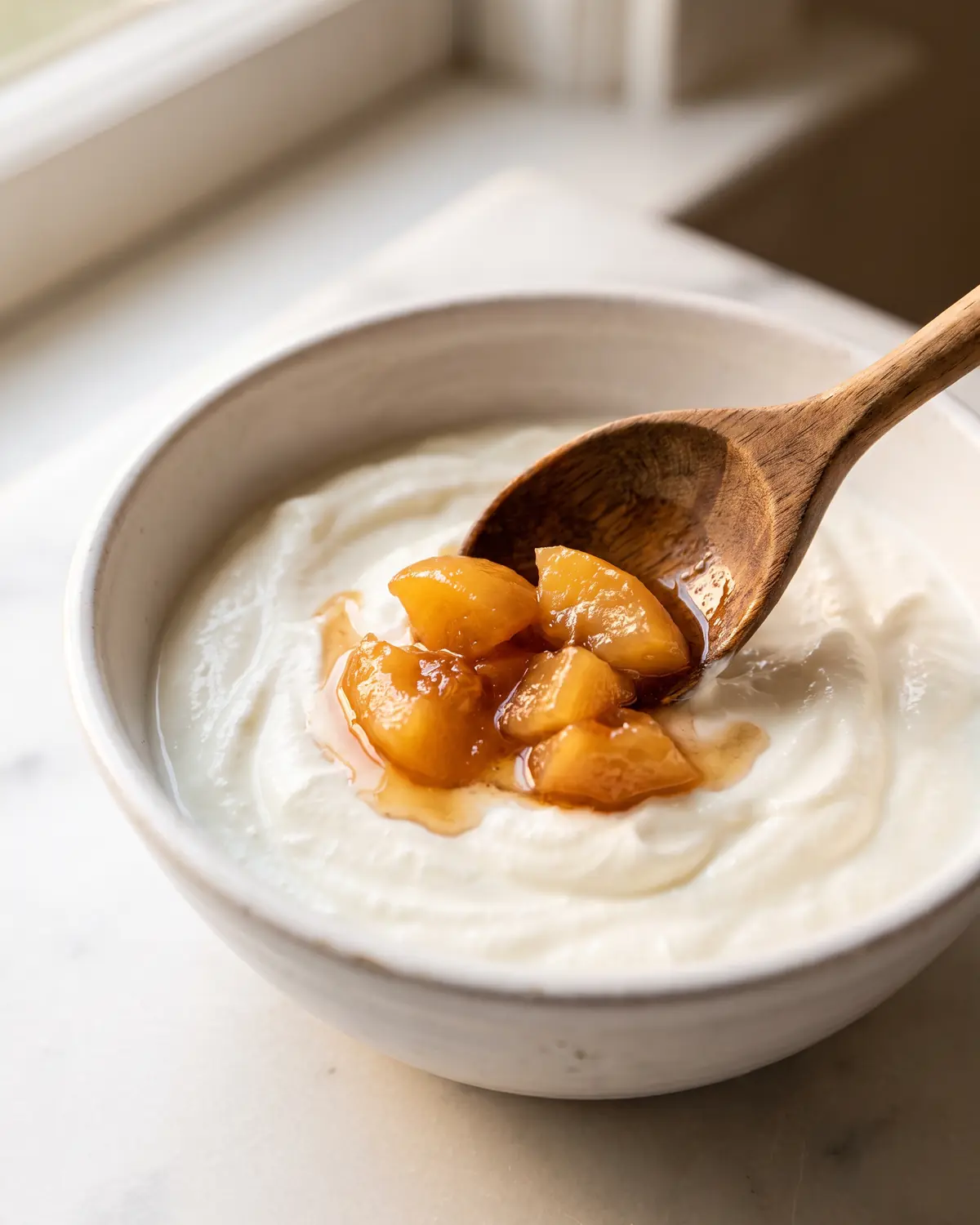 yogurt kefir conad Cucchiaio di legno con cotogna cotta che sfiora yogurt bianco su marmo opaco appena visibile.
