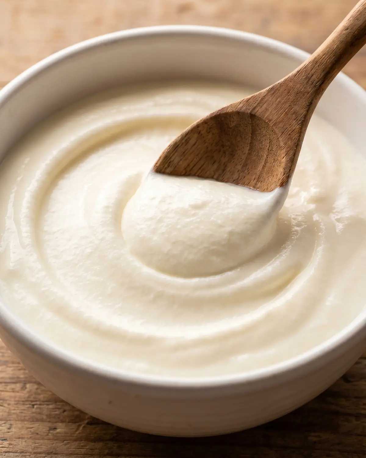 Cucchiaio di legno che traccia un cerchio in uno yogurt denso dentro una ciotola di ceramica bianca.