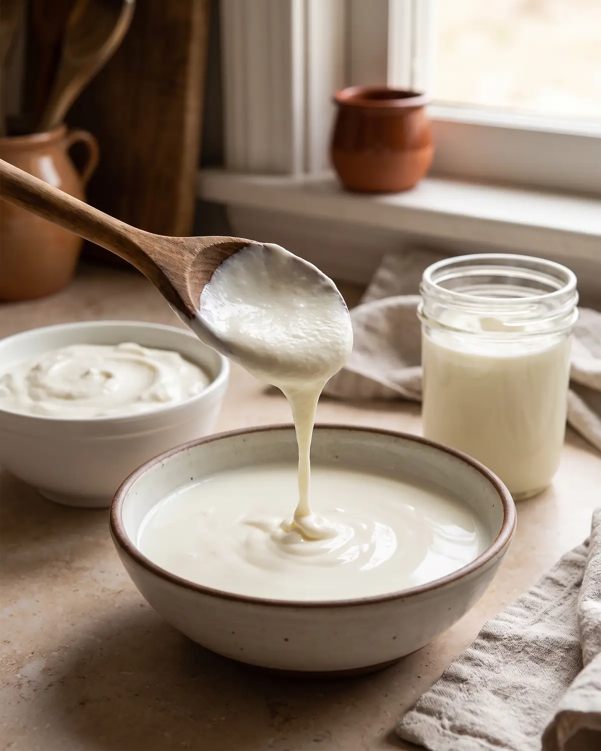 torta con yogurt kefir Kefir denso che cade da un cucchiaio di legno sopra latte tiepido in una ciotola di ceramica.