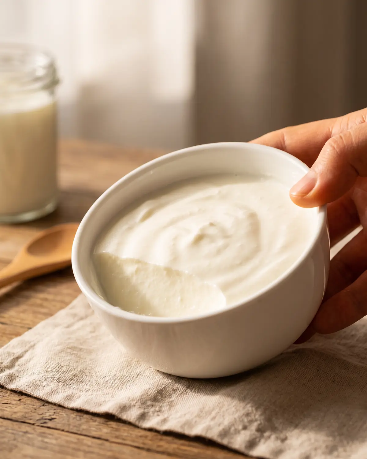 kefir o yogurt greco calorie Ciotola bianca leggermente inclinata con yogurt compatto che mantiene il bordo pulito tra le dita.