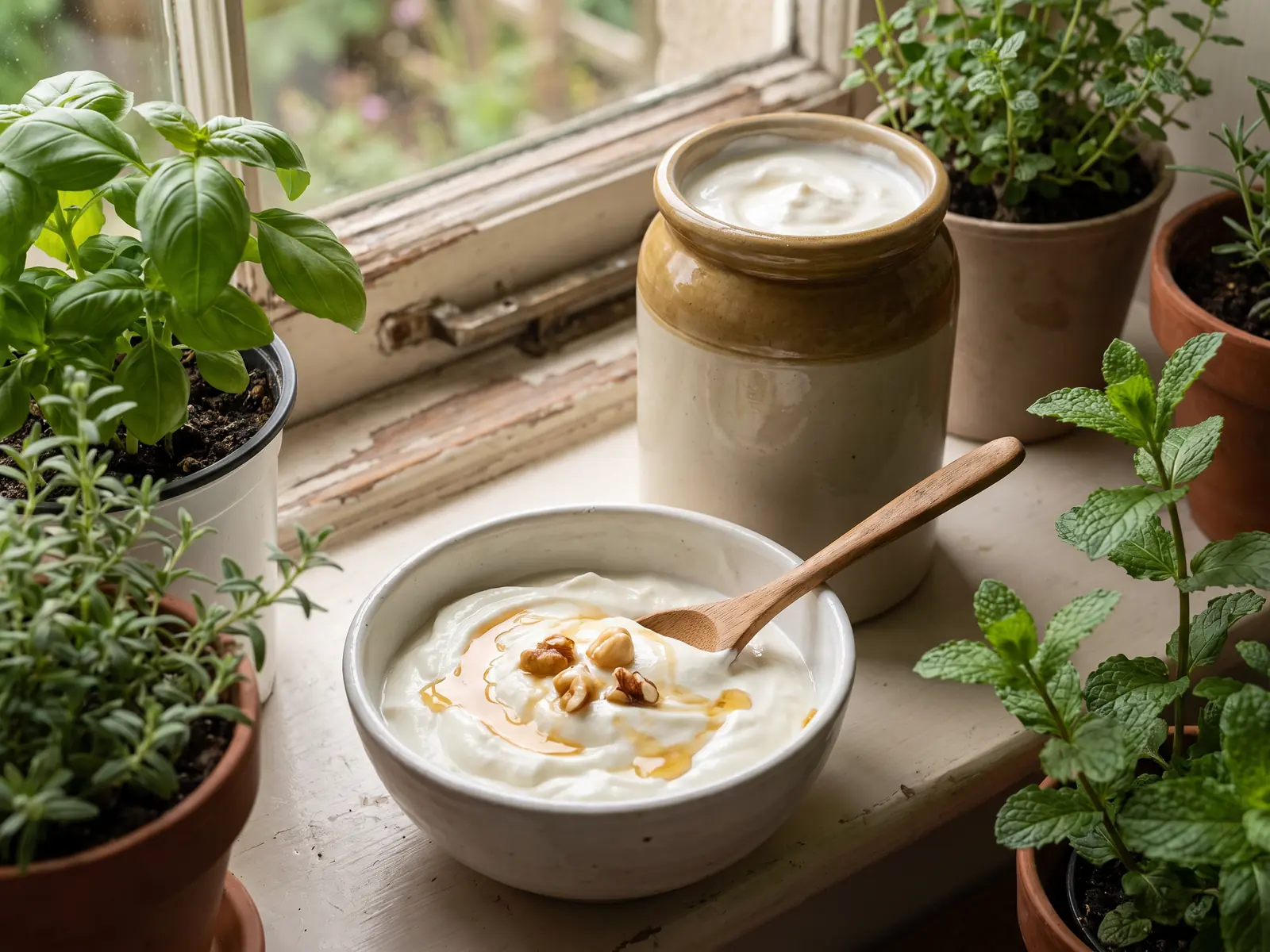 Barattolo di yogurt vicino alla finestra, ciotola servita in primo piano e piante verdi sullo sfondo.