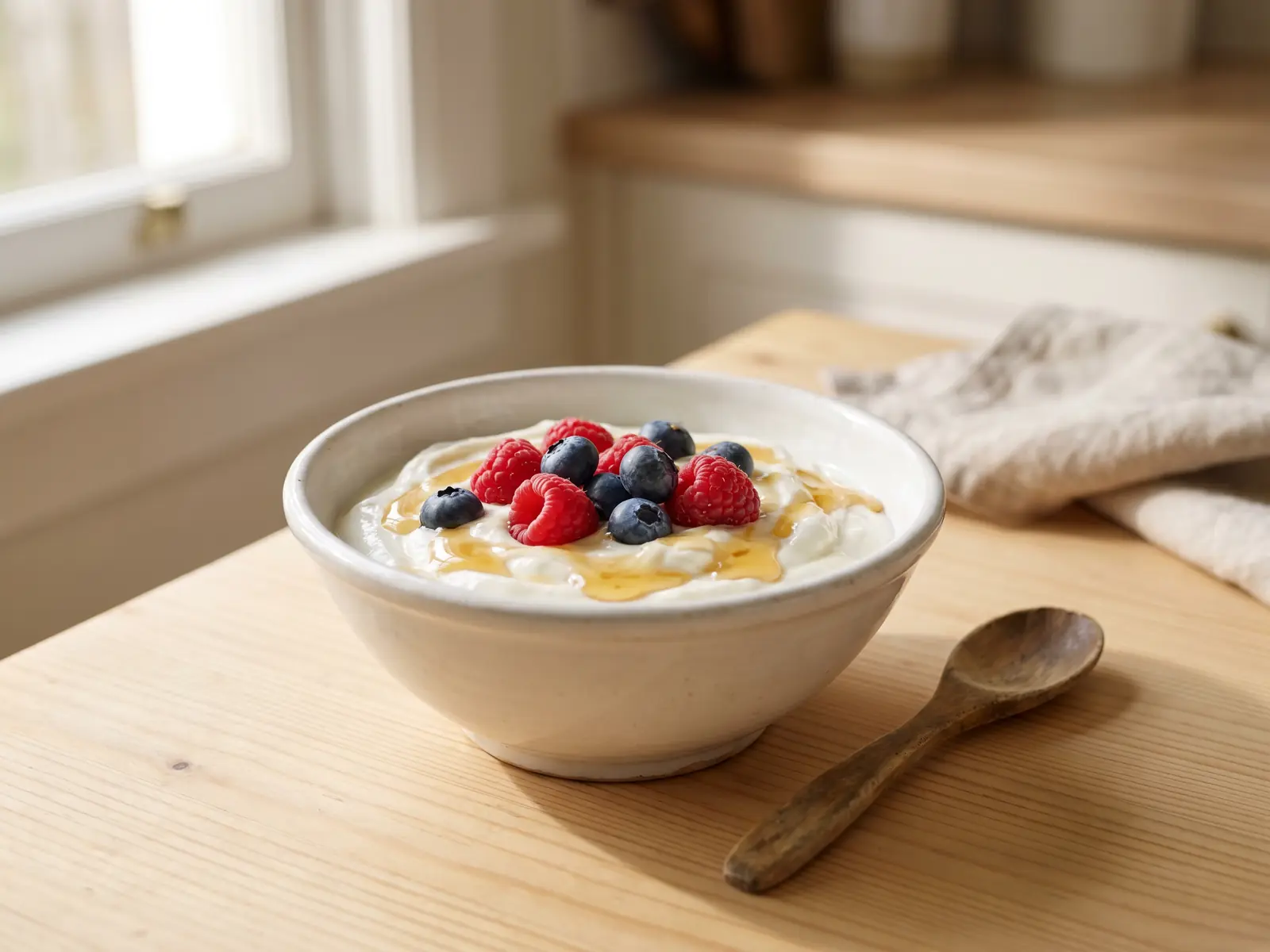 Ciotola di yogurt con frutti rossi freschi, miele dorato e cucchiaio di legno su fondo chiaro.