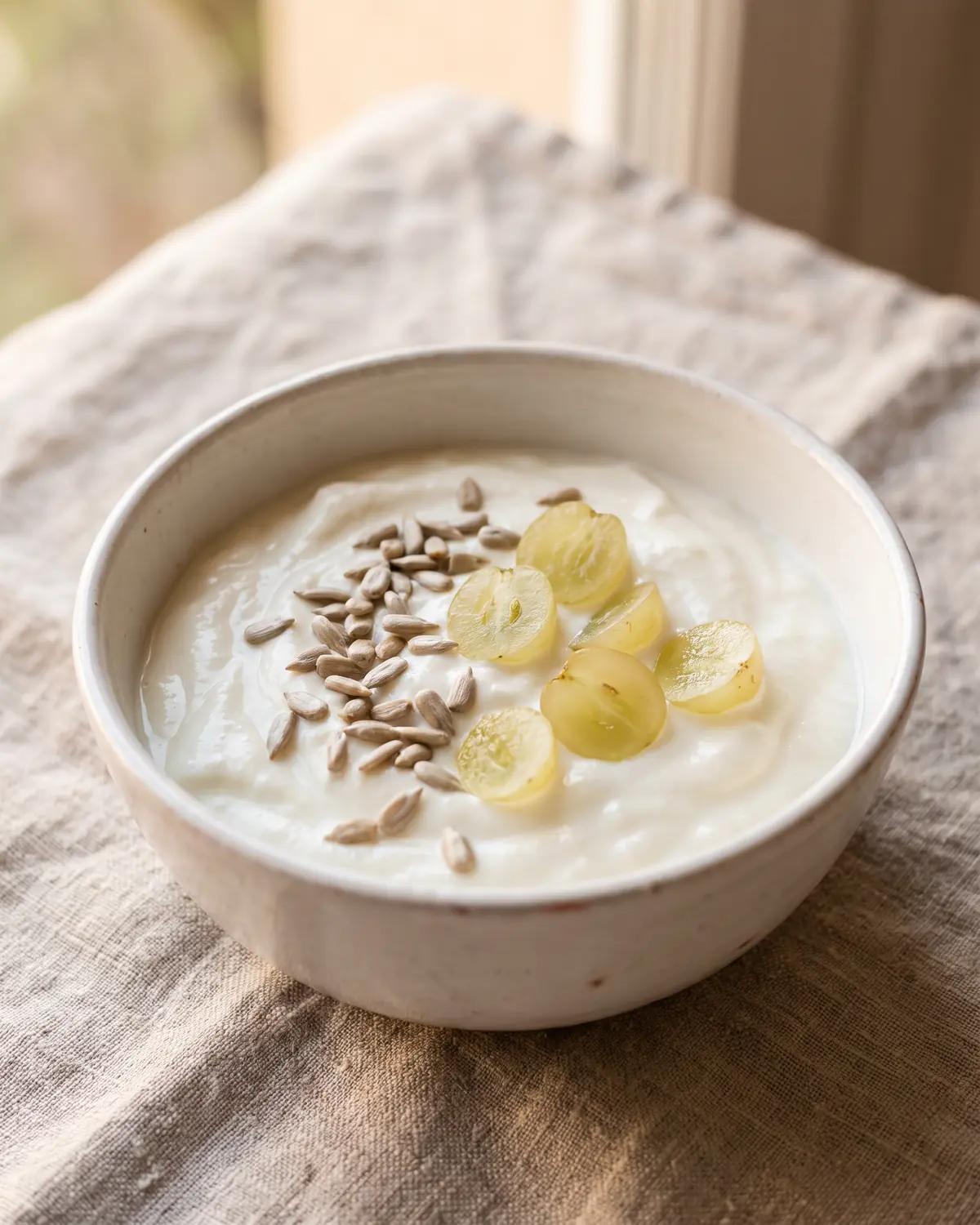 differenza kefir e yogurt Semi di girasole su yogurt con uva bianca tagliata e lino crudo sfocato sullo sfondo