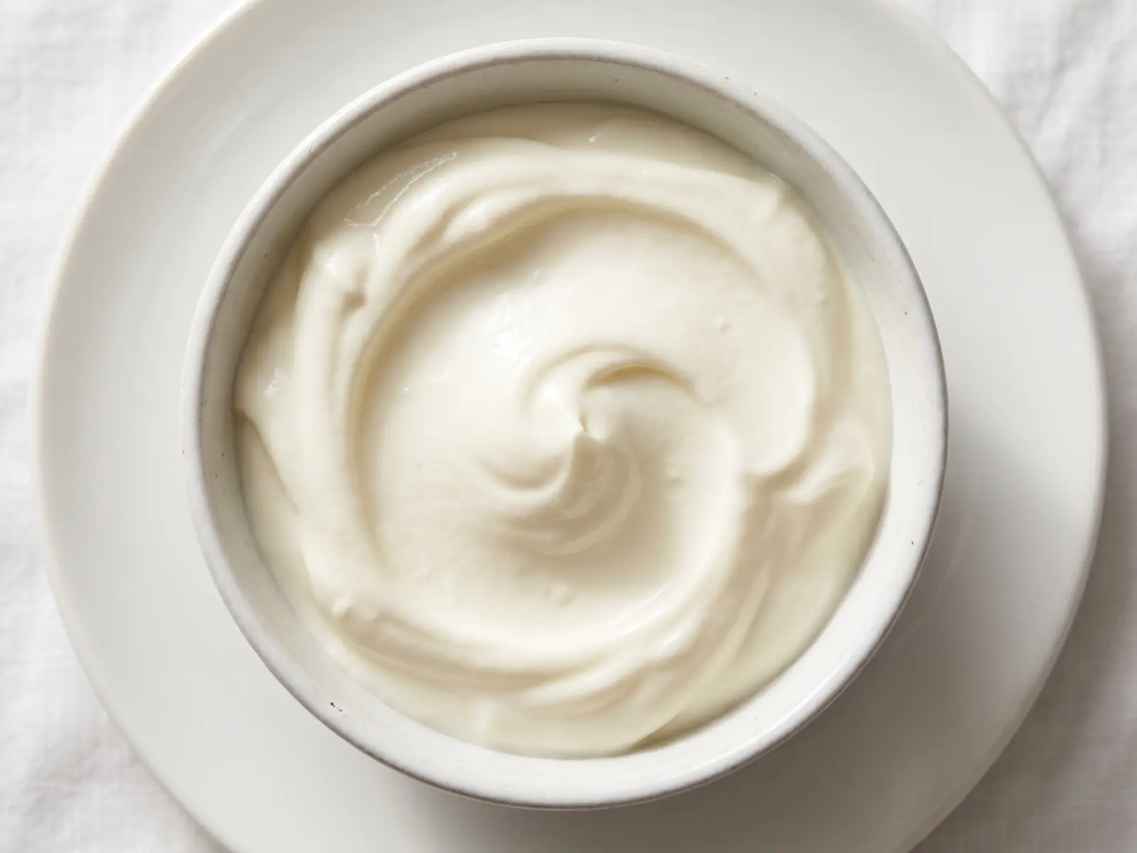 Remolino cremoso di yogurt bianco in un piatto, visto da vicino con luce morbida dall&rsquo;alto.