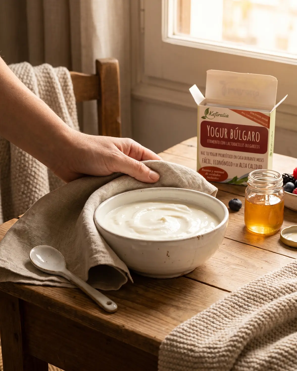 meglio yogurt o kefir Mano che avvolge con un tovagliolo di lino una ciotola di yogurt in una scena domestica senza volto.