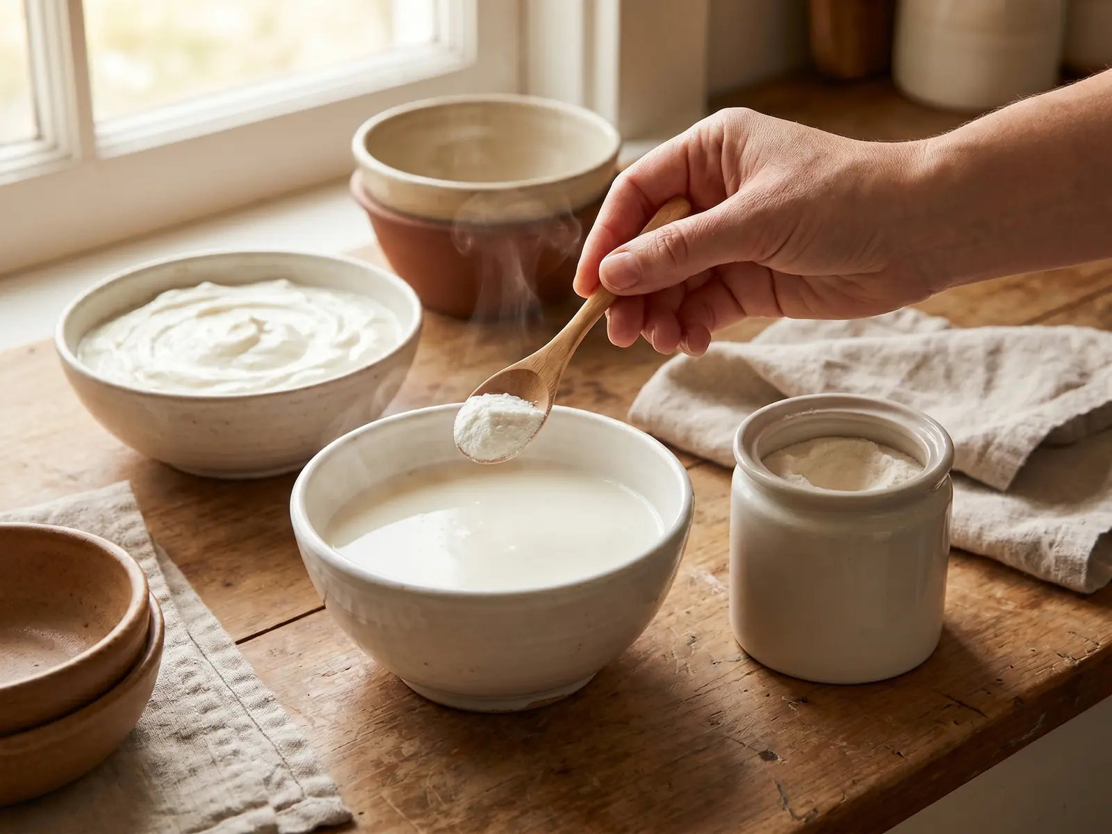 yogurt kefir fa andare in bagno Mano che aggiunge yogurt madre al latte tiepido in una ciotola bianca durante la preparazione.