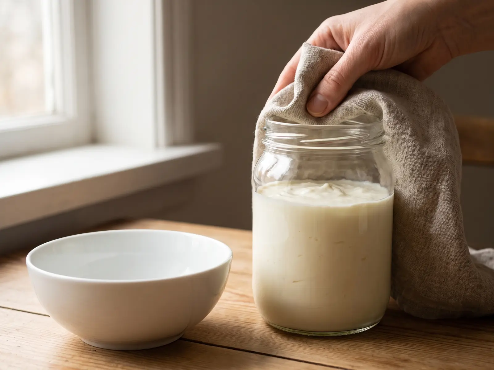 kefir o yogurt greco calorie Mano che pulisce il bordo di un barattolo pieno di yogurt su lino grezzo, con una ciotola bianca accanto.