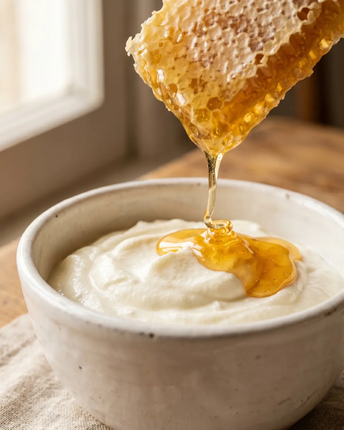 yogurt fatto in casa Dettaglio di miele su un piccolo panale accanto a yogurt bianco in una ciotola verticale.