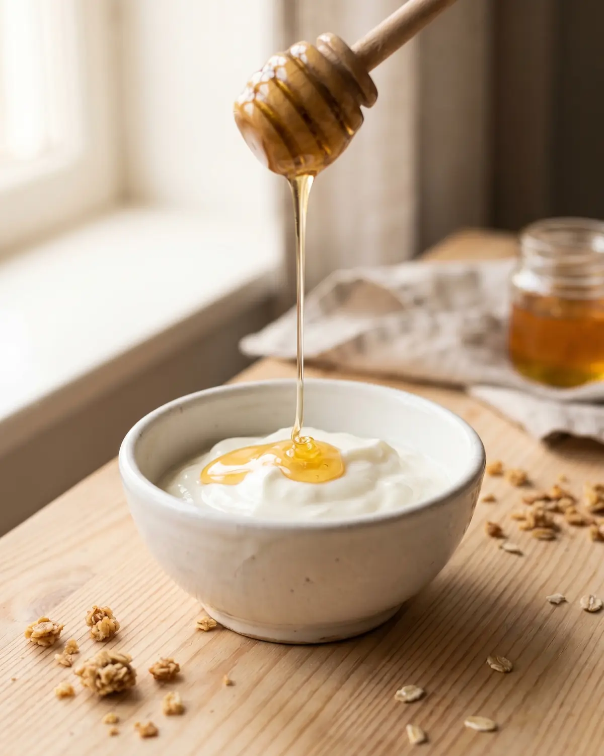 Miele dorato che cade su yogurt bianco in una ciotola, con texture cremosa in primo piano.