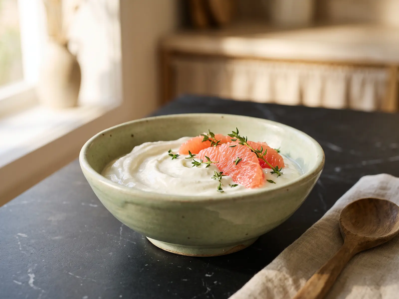 yogurt kefir fa bene Yogur denso in una ciotola verde chiaro con pompelmo rosa e timo fresco su marmo nero opaco
