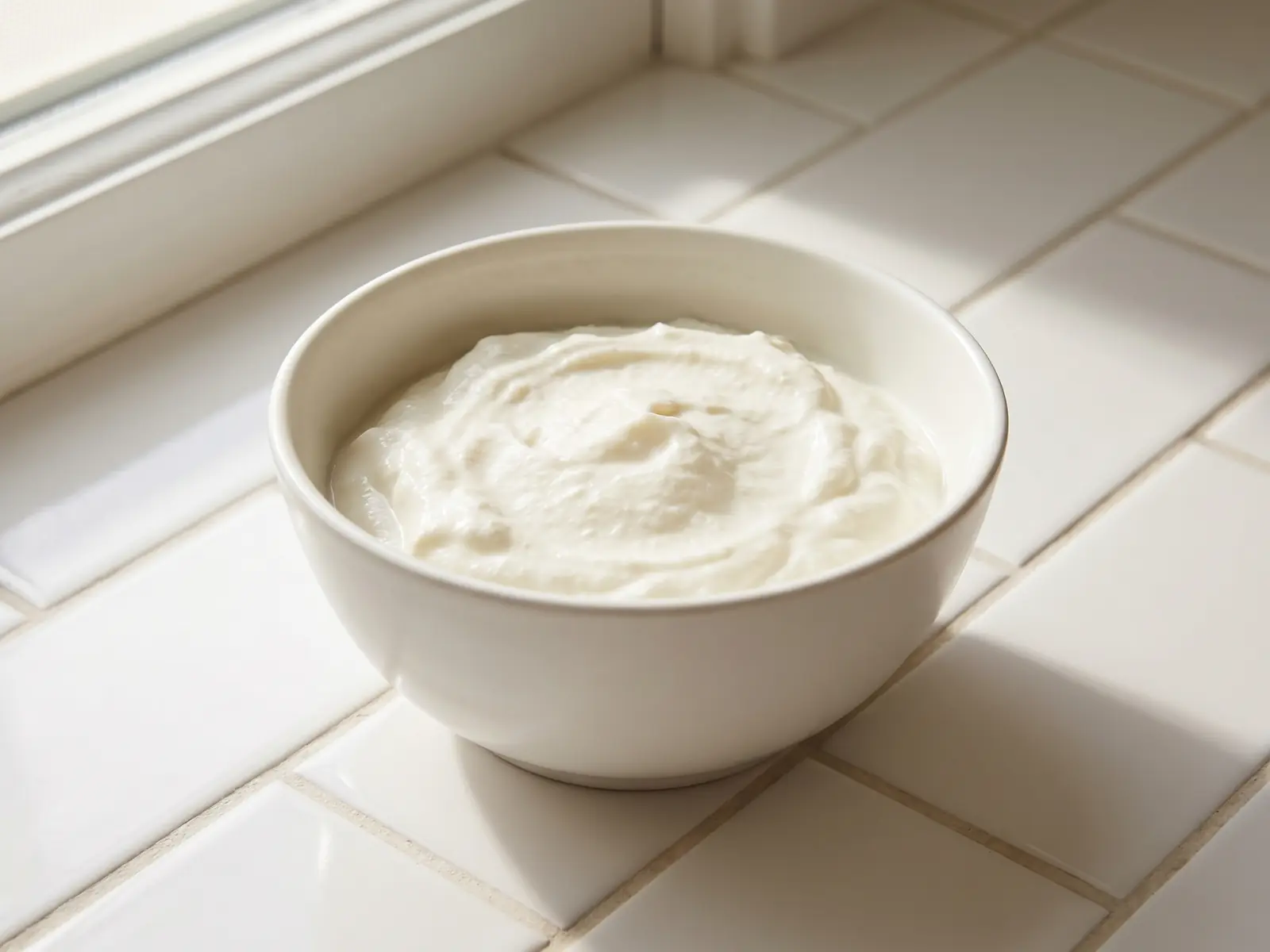 meglio yogurt o kefir Ciotola bianca con yogurt naturale su piastrelle chiare, illuminata da una luce morbida di finestra.