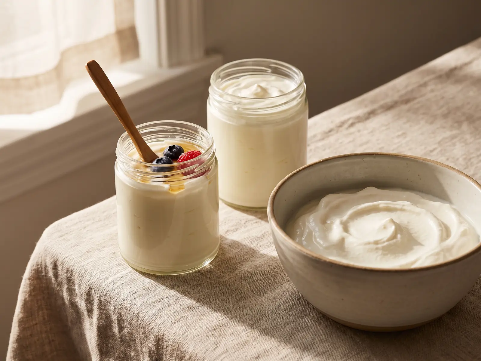yogurt greco e kefir differenza Due recipienti di yogurt, un barattolo di vetro e una ciotola bianca su un mantelletto chiaro.