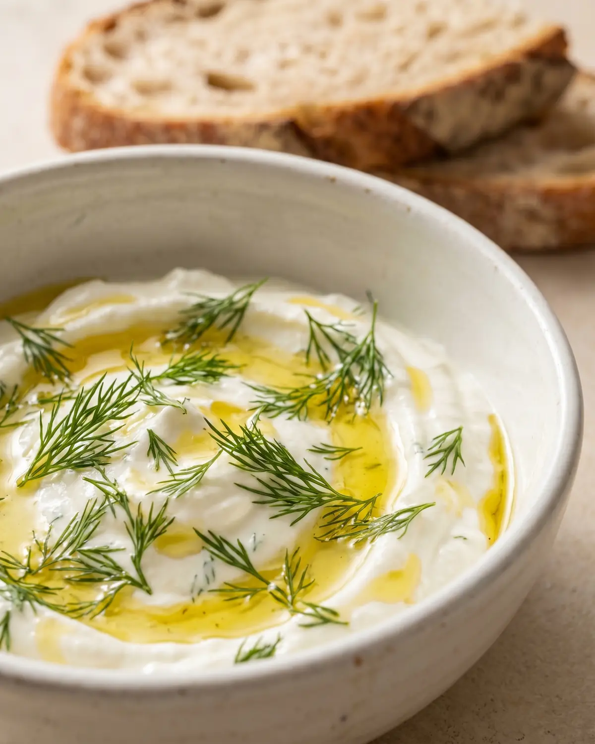 yogurtiera come funziona Yogurt salato con aneto e olio delicato in primo piano, con pane rustico sfocato sullo sfondo.
