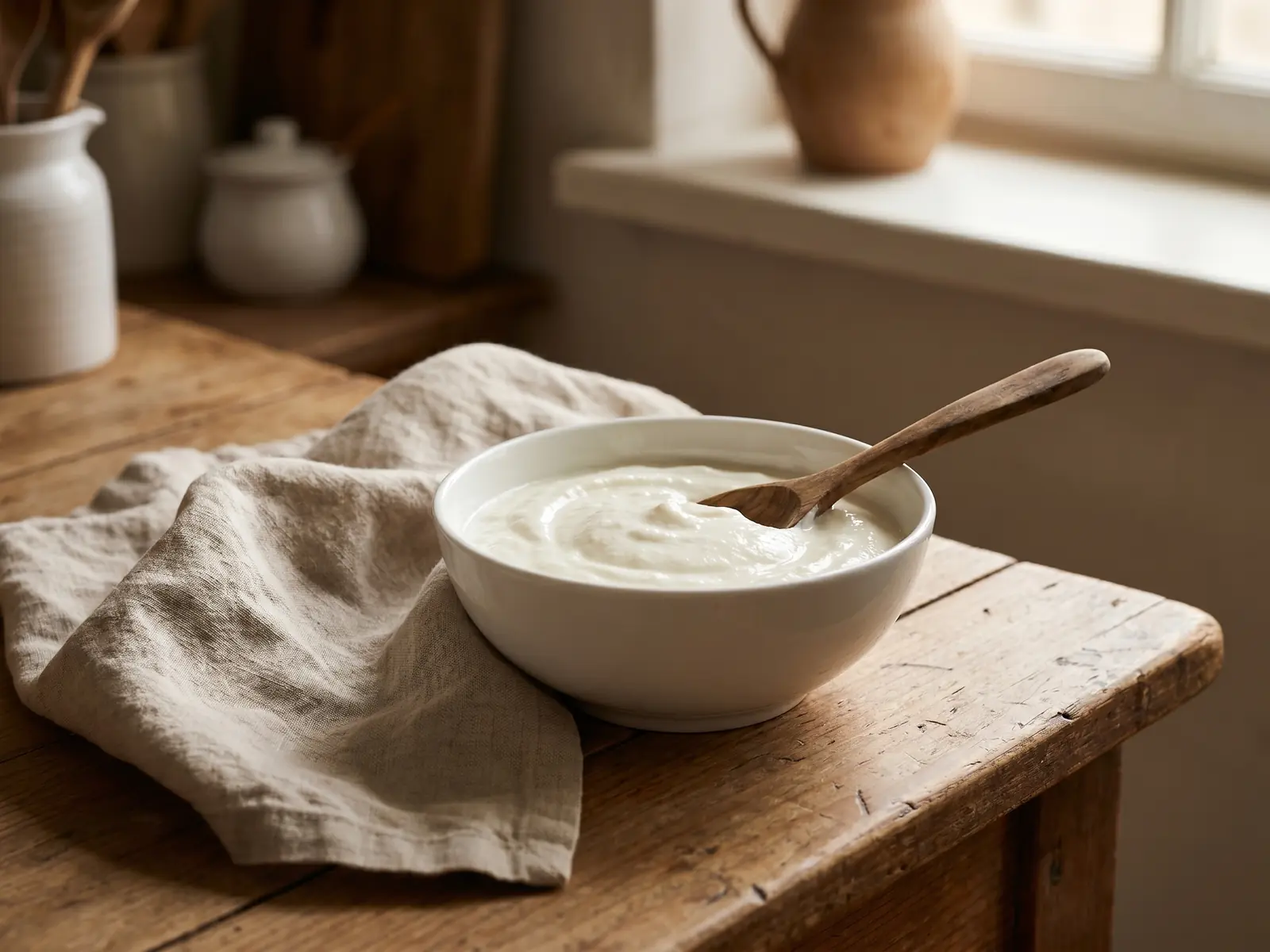 differenza tra yogurt e kefir Ciotola di yogurt su un tavolo da cucina con lino naturale e cucchiaio di legno in un’atmosfera intima.