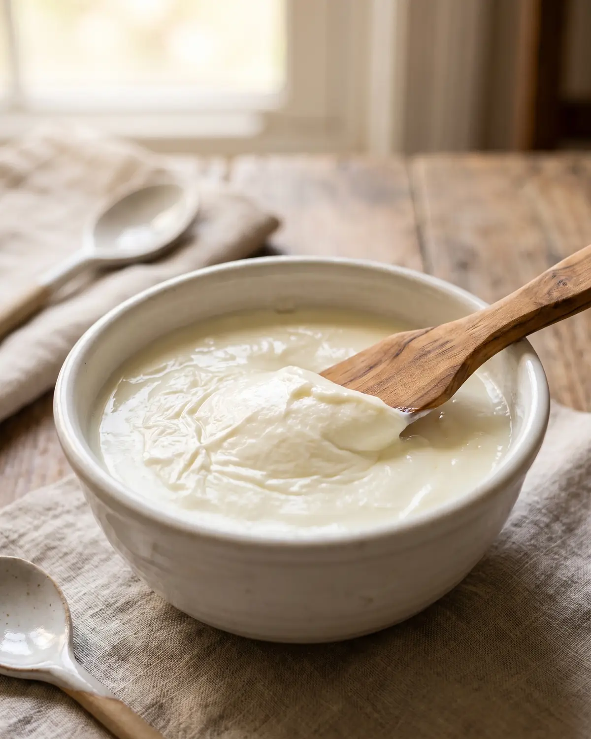 differenza kefir e skyr Superficie di yogurt cagliato aperta da una spatola di legno, con texture densa e poco siero visibile