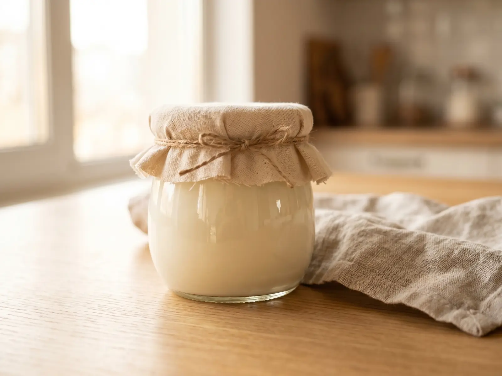 Vasetto di vetro con yogurt fatto in casa, coperto da tessuto e cordel, su una tavola rustica.