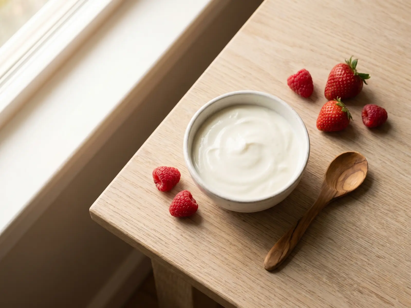 differenza kefir e skyr Ciotola di ceramica bianca con yogurt cremoso vista dall’alto e cucchiaio di legno accanto