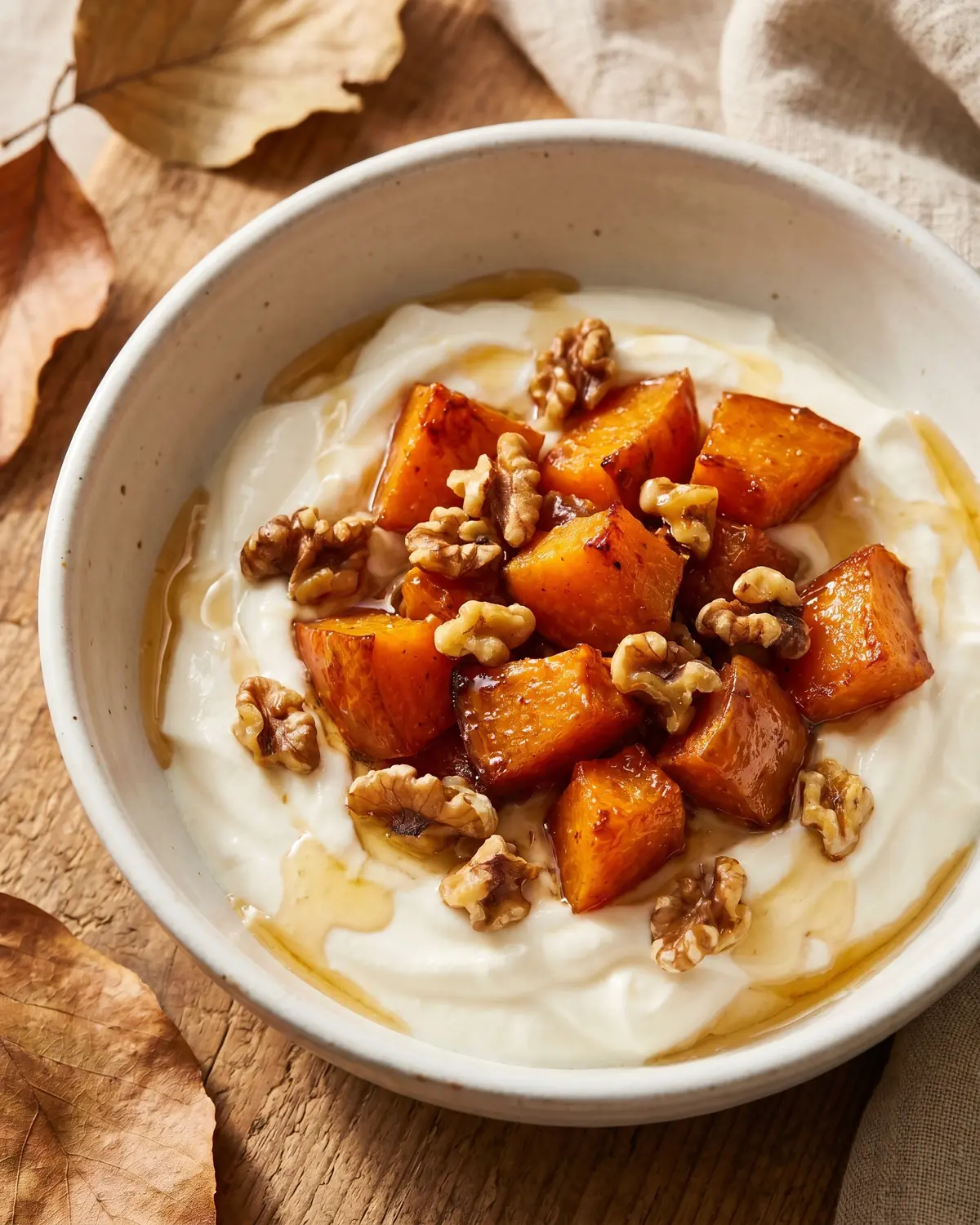 yogurt greco e kefir differenza Yogurt servito con zucca arrostita e noci su ceramica bianca, in una scena dai toni autunnali.